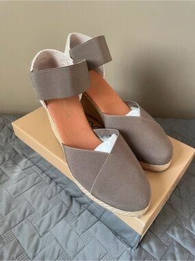 Andre Assous Taupe Canvas Ankle-Strap Espadrille Wedges